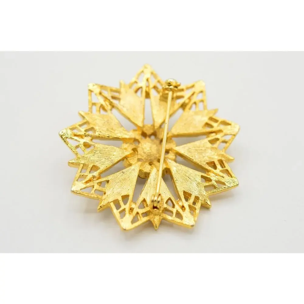Vintage Crystal Flower Pin Brooch Gold Black Enamel Pink Rhinestone 1980s BinJ